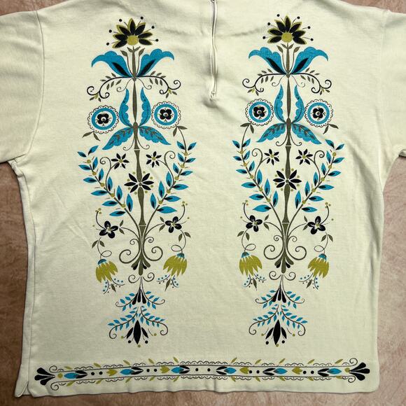 Vintage 70s Jane Colby Floral Folk Art Shirt Top Bohemian Peasant Mod Midcentury - Picture 2 of 10
